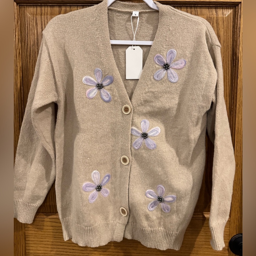 Floral Embroidered Beige Cardigan Sweater